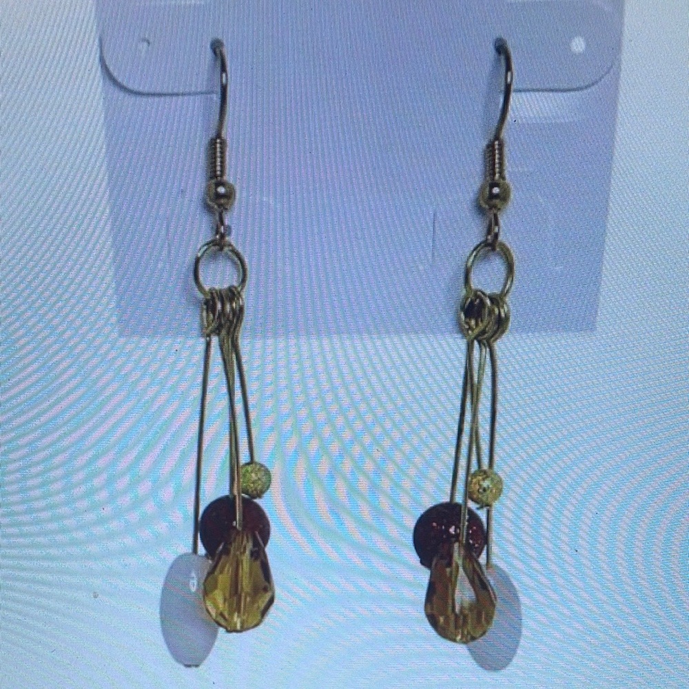 Antique Brass Dangle Earrings with Amber and Amethyst Beads